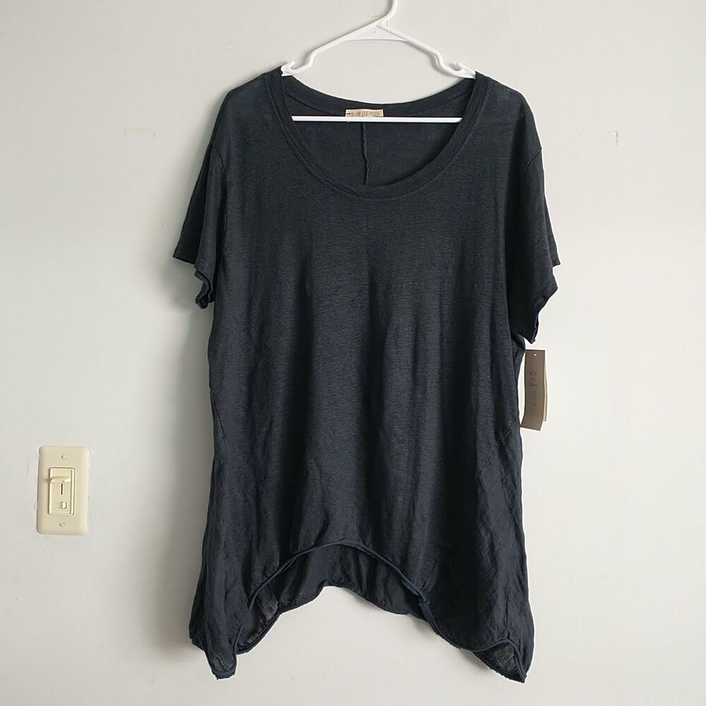 Talia Benson Tunic Top OS/L*Blue Linen Asymmetrical Hem Knit Lagenlook New